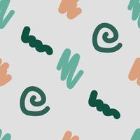 Simple abstract calm vector seamless pattern. Green, beige, blue-turquoise spirals, doodles, curlicues on a gray background. For prints of fabric, textile products, packaging, paper.