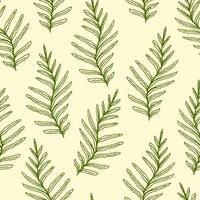 Hand-drawn vector seamless pattern in eco style. Green leaves of fern, forest grass on a light beige background. Nature, plants. For prints of fabrics, textile products, packaging.