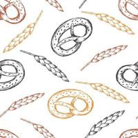 Hand-drawn seamless vector pattern. Brown, dark, golden outline pretzel, spikelet of wheat on a white background. Bread bakery products, flour pastries. For print packaging, textiles, wrapping paper.