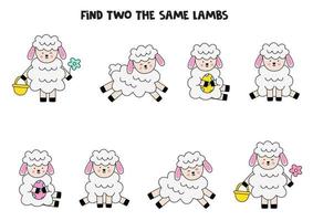 Find two cute identical Easter lambs. Educational game for preschool children. vector