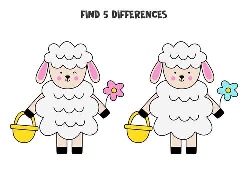 Find 3 differences between two cute sheep. vector