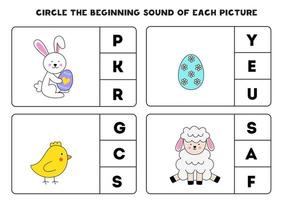 Worksheet for kids. Find the beginning sound of each picture. vector