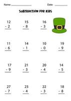 Subtraction with cute green hat. Educational math game for kids. vector