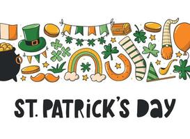 St.Patrick's day greeting card decorated with horizontal border of doodles. Good for banners, prints, invitations, posters, presents, etc. EPS 10 vector