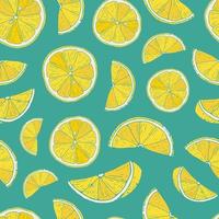 cute seamless lemon pattern on turquoise background. Perfect for product packaging, wallpaper, wrapping paper, textile prints, healthy food backgrounds, scrapbooking, etc. Organic food theme. EPS 10 vector