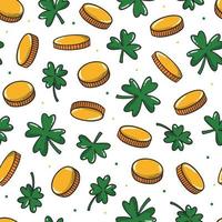 St.Patrick's day seamless pattern with clover leaves and golden coins on white background. Wrapping paper, scrapbooking, stationary, packaging, wallpaper, textile prints, etc. EPS 10 vector