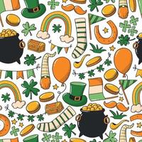 St. Patrick's day seamless pattern with doodles on white backgrond. Good for wallpaper, scrapbooking, wrapping paper, backgrounds, textile prints, holiday decor, etc. EPS 10 vector