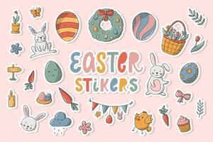 Easter stickers pack. Hand drawn doodles, clipart in cartoon style with white edge. Prints, labels, planner, holiday decor, mugs, magnets design. EPS 10 vector