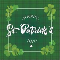 Happy St.Patrick's day greeting card, poster, banner design. Creative lettering quote decorated by clover leaves on a green plaid background. vector