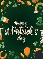 Happy St.Patrick's day quote with doodles on green background. Poster, print, invitation, greeting card with calligraphy inscription. EPS 10 vector