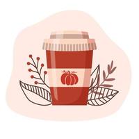 Flat vector illustration of pumpkin spice latte cup. Paper cup of coffee to go with modern floral decor