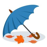 Blue umbrella with autumn leaves. Concept of rainy weather and autumn mood. Flat vector illustration Isolated on white