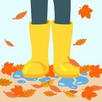 piernas con botas de lluvia de goma amarillas en una vista frontal con salpicaduras de agua y hojas que caen. concepto de feliz clima otoñal. ilustración vectorial para tarjetas, póster vector
