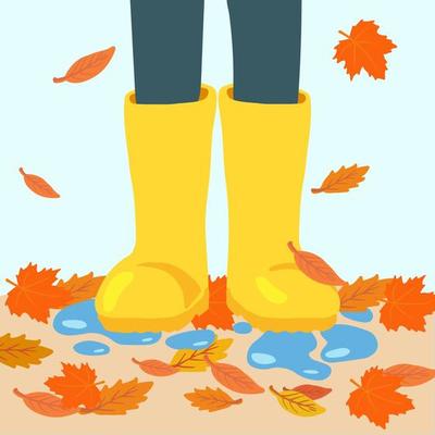 Legs in yellow rubber rain boots in a front view with water splashes and falling leaves. Concept of happy autumn weather. Vector illustration for cards, poster