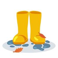 Yellow rubber rain boots in a front view with water splashes and yellow leaves. Concept of rainy weather and autumn mood. Vector illustration Isolated on white background.