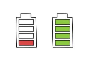 Battery charge in doodle style, vector illustration. Hand drawn sketch, energy level low and full. Isolated icon on white background. Indicator recharge mobile phone battery