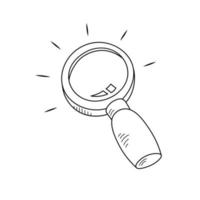 Magnify glass in doodle style, hand drawn sketch. Search symbol icon in cartoon style, vector illuistration. Isolated element on white background for print and design. Lupe for scientist and detective