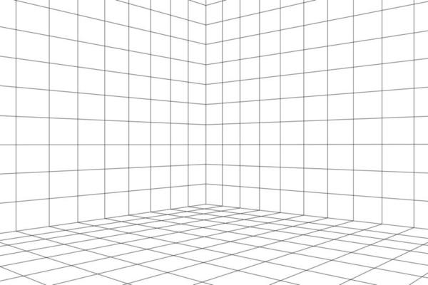 Grid room in perspective, vector illustration in 3d style. Indoor wireframe from lines, template interior square, digital empty box. Abstract geometric design background