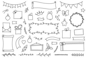 Christmas set hand drawn elements for diary, notebook and planner in doodle style. Vector calendar for study and work. Collection of decorations frames and stickers from lines. Cute background design