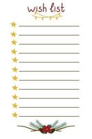 A wish list, a Christmas and New Year's page template. With a garland, stars and branches of a fir tree. Vector illustration isolated on a white background