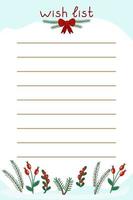 A wish list, a Christmas and New Year's page template, with spruce branches and winter berries. Vector illustration isolated on a white background.