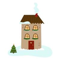 una acogedora casa de invierno de dos plantas, decorada con guirnaldas de abeto para navidad. una ciudad festiva de invierno. ilustración vectorial para diseño, decoración, postales vector