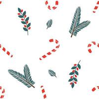 Christmas seamless pattern with fir branches, cane lollipops and red berries on a white background. Festive background for printing on paper, fabric, textiles, packaging. vector