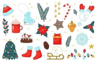 Christmas and New Year set of elements. Winter clothes, hat, mittens, socks, figure skates, cookies, poinsettia, lollipop, garland. Festive vector illustration for scrapbooking.