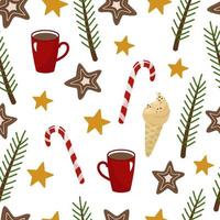 Christmas seamless pattern with ginger cookies, cocoa, lollipops, ice cream. Vector holiday illustration on a white background.