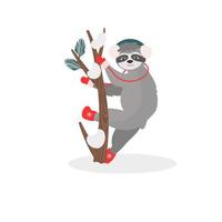 A Christmas card with a sloth on a tree in warm winter clothes, headphones, mittens, felt boots. Vector illustration for design and decor, banner