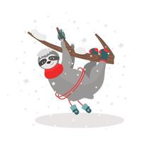 Christmas card with a sloth on a tree in warm winter clothes, scarf, mittens, socks. Vector illustration for design and decor, banner