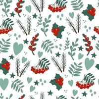 Winter new year seamless pattern with spruce branches, berries, Holly, Rowan. Vector holiday illustration.