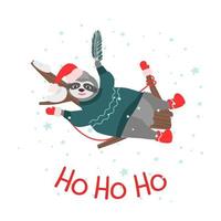 ho ho ho, una tarjeta de navidad con un perezoso en un árbol y una inscripción. con ropa abrigada de invierno, un suéter, mitones, botas de fieltro. ilustración vectorial para diseño y decoración, pancarta vector