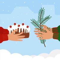 The concept of giving gifts for Christmas. People's hands with a festive cake and a branch of a fir tree. Vector winter illustration on a snow background, for a postcard, web, banner
