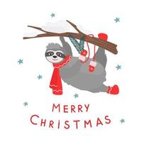 Merry Christmas, a postcard with a sloth on a tree and an inscription. In warm winter clothes, mittens, scarf, felt boots. Vector illustration for design and decor, banner