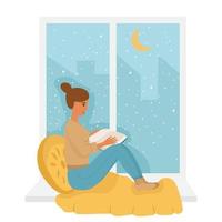 In winter, a girl sits on the windowsill and reads a book. In socks, a sweater and a blanket. Snow is falling. Vector illustration in a flat style. A cozy landscape.