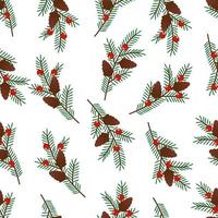 Christmas seamless pattern with spruce branches, cones and berries red on a white background. Festive background for printing on paper, fabric, textiles, packaging. vector