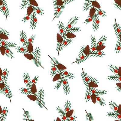 Christmas seamless pattern with spruce branches, cones and berries red on a white background. Festive background for printing on paper, fabric, textiles, packaging.