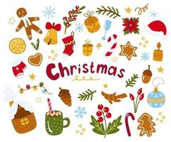 Christmas set of elements. Candy cane, mitten, sock, cap, mistletoe, holly, cone, spruce, mug, gingerbread man, gift. Vector illustration for postcards, web, design, decor, scrapbooking.