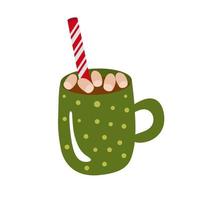 Christmas mug with cocoa, marshmallows and a red straw. Vector clipart, isolated illustration on a white background