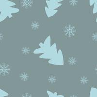 Seamless pattern with Christmas trees and snowflakes on a gray background. Festive vector background for printing on paper, fabric, packaging.