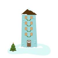 A cozy winter blue house with four floors, decorated with fir garlands for Christmas. A festive winter city. Vector illustration for design, decor, postcards