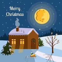 Merry Christmas. New year's card, banner poster. Nice, cozy house in the woods, big moon. Vector.
