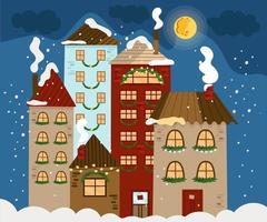 Winter cozy houses, decorated with fir garlands for Christmas. A festive town at night against the background of the moon and snow. Vector illustration for design, decor, postcards