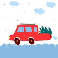 una camioneta roja lleva un árbol de navidad en invierno, está nevando. ilustración vectorial aislada en un fondo blanco. vector