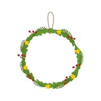 Christmas wreath with green fir branches, red berries and stars. New Year vector illustration, postcard, banner, poster.