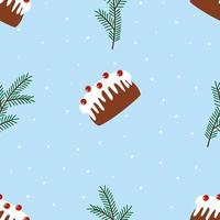 Cake with cherry berries, icing and spruce twigs. Seamless Christmas pattern. Vector winter illustration on a blue snowy background. For printing on paper, fabric, packaging, wallpaper