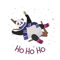 Ho-ho-ho, a Christmas card with a panda bear on a tree and an inscription. In warm winter clothes, scarf and socks. Vector illustration for design and decor, banner