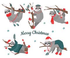 A Christmas set of cute sloths on trees in different poses, in warm winter clothes with spruce branches. Vector illustration of characters for holiday cards, design or decor