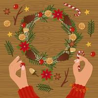 Creating a Christmas wreath top view, flatley concept. Women's hands on the table with decor. Cones, poinsettia, berries, spruce branches, candy cane. Vector illustration